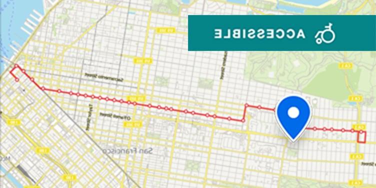 Map of Muni route near the Geary Boulevard location of U C S F, which is on the 2 Clement route running from downtown to the Richmond District, with three close stops: at Clement Street and Arguello Boulevard, Clement Street and Second Avenue, and Arguello Street and Euclid Avenue.